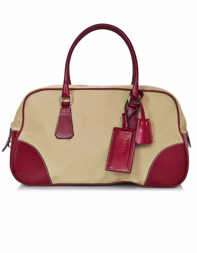 Prada Beige Canvas and Red Leather Bowling Bag
