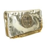 Tory Burch Gold Metallic Leather Chain Strap Bombe Reva Clutch