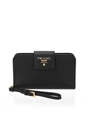 Prada Logo Plaque Zipped Wallet Blue in Calfskin with Gold-tone - US