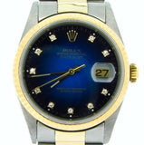 Pre Owned Mens Rolex Two-Tone Datejust with a Blue Vignette Diamond Dial 16233